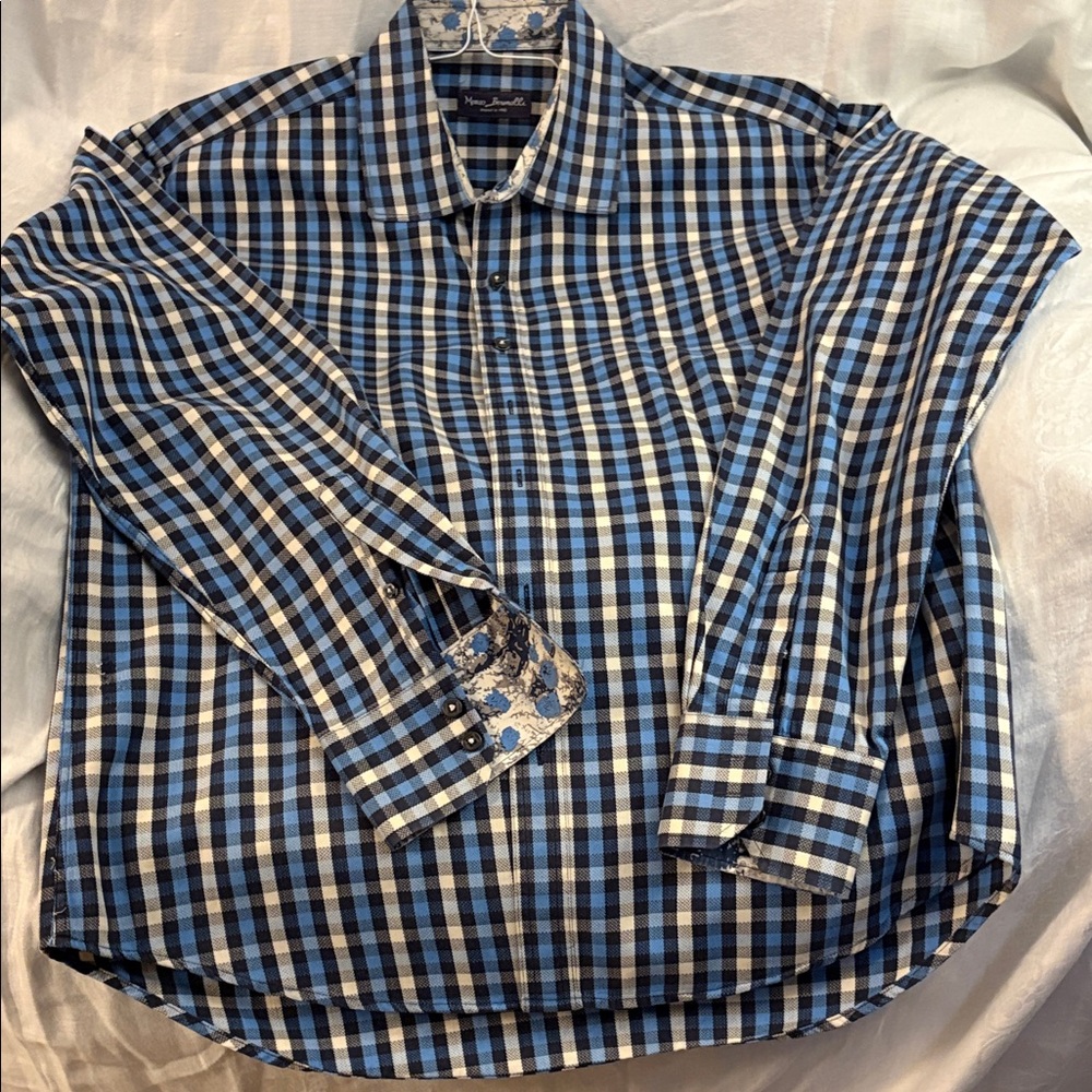 Marco Brunelli Blue & Navy Plaid Long-Sleeve Button-Down Shirt Men Large Ex Cond